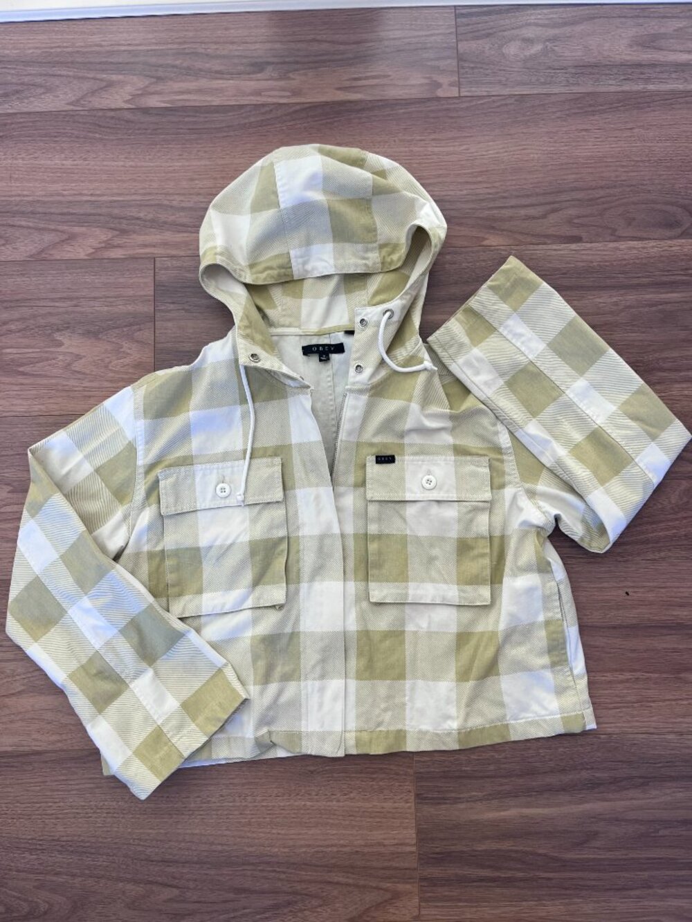 OBEY Provence Cropped Jacket Women’s M Sage Green Cream Checkered Hooded